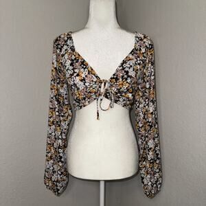 Rue21 Crop Top Women's Medium Multi Floral Smocked Back Long Sleeve Tie Front
